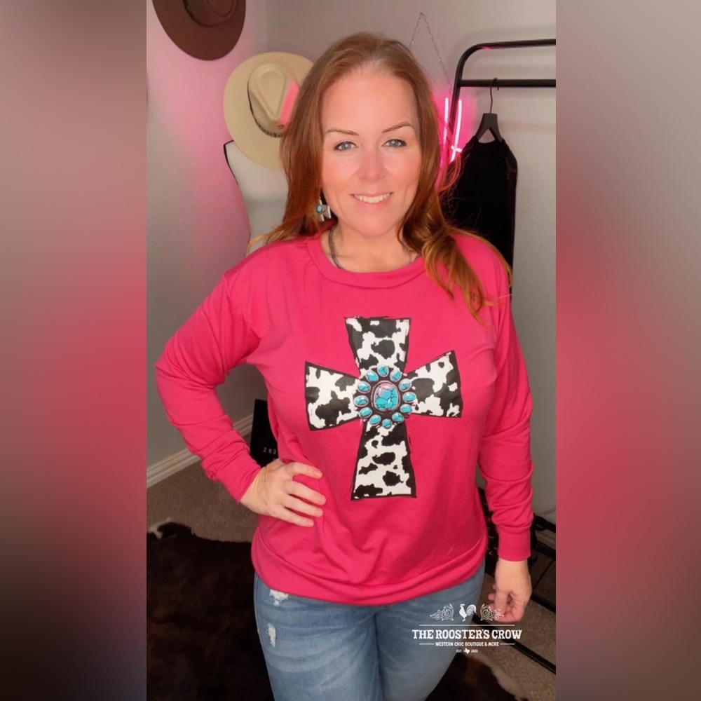 Long Sleeve Cowprint & Turquoise Cross Tee